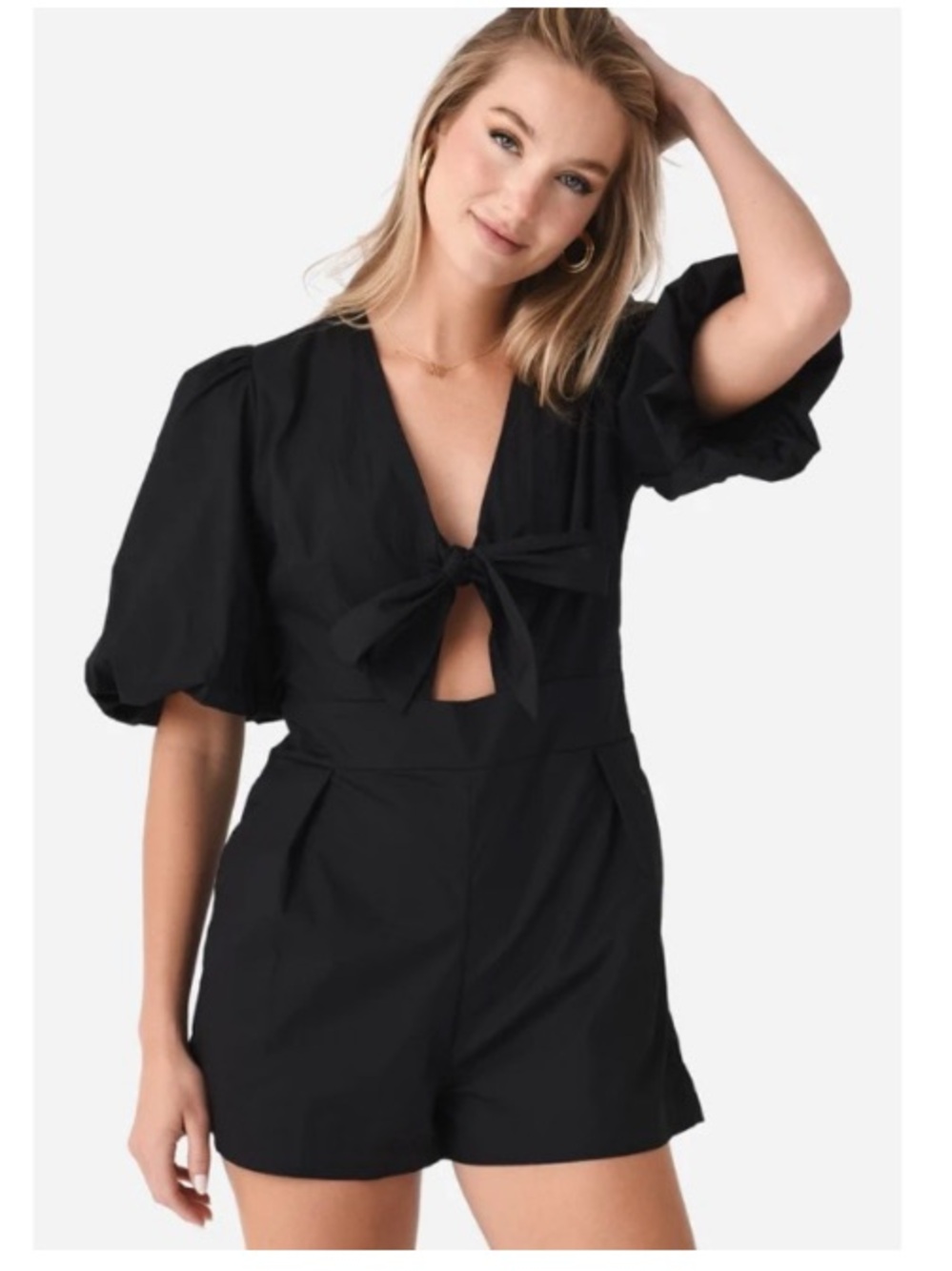 NWT Deluc Gravity Poplin Puff Sleeve Bow Front Romper Black Large